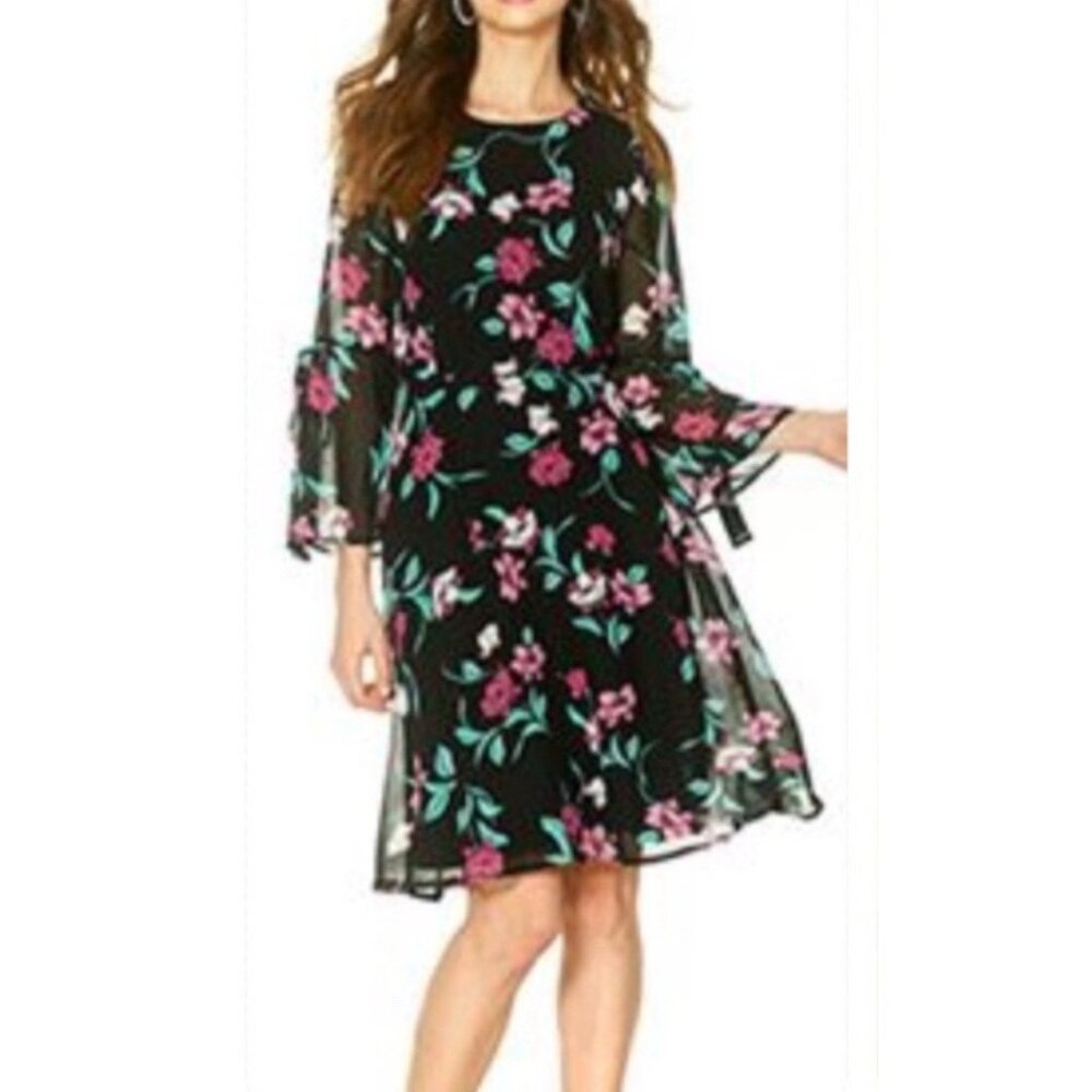 Nine West Flowy Black Floral A Line Dress W Belt 10 Long Sleeve Career Church
